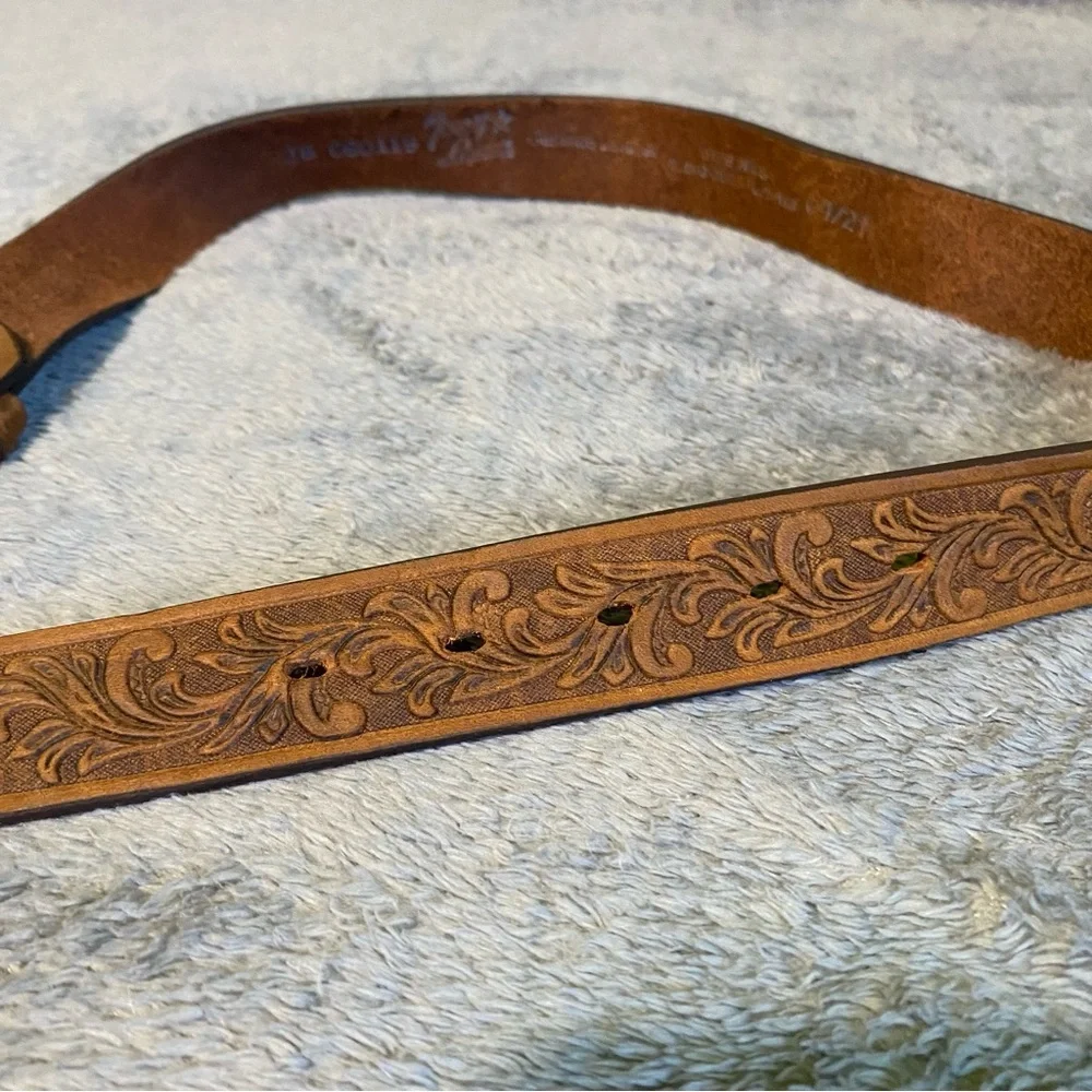 Vintage Tony Lama KIDS Tooled Leather Belt Silver & Gold Ornate Longhorn